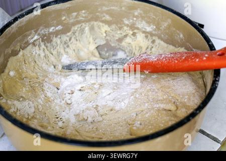 Brotteig, mit Mehl bestreut und mit glutenbildenden Fäden versehen, liegt in einer Schüssel mit einem Teigschaber und bereitet den hausgemachten Bakin vor Stockfoto