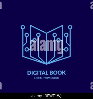 Digitale Buchvektorgrafik-Logo-Vorlage. Offenes Buch mit Leiterplattentechnologien und Knoten im modernen abstrakten geometrischen Stil. Digitale Technologie, Stock Vektor