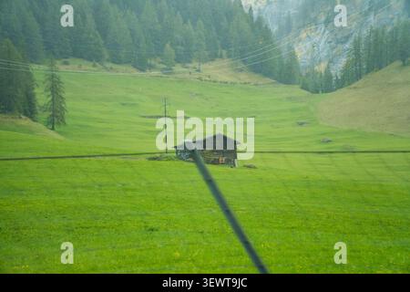 Alpenwiese Holzhütte Kiefernwald Berge ländlich Schweiz Stockfoto