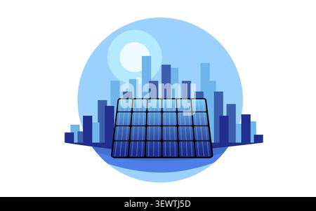 Symbol des Solarmoduls mit Skyline der Stadt auf blauem Hintergrund. Nachhaltiges Energiekonzept für eine grüne Stadt. Vektorabbildung Stock Vektor