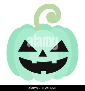 Ein frischer mintgrüner Halloween-Kürbis mit einem gruseligen, lächelnden Gesicht. Illustration des flachen Vektors isoliert auf weiß. Ideal für moderne Halloween-Ästhetik Stock Vektor