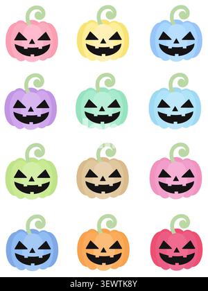 12 bunte Halloween Kürbisse in Pastellfarben mit gruseligen Gesichtern. Illustration des flachen Vektors isoliert auf weiß. Perfekt für Partydekor, Aufkleber und Stock Vektor