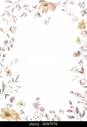 Aquarellherbstflorale Rahmen, minimalistische Hygge botanische Grenze, Hochzeitseinladungshintergrund, gedämpfte Pastellboho Blumenkartenschablone. Vektor-EPS. Stock Vektor
