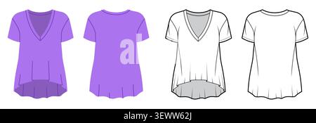 Kurzärmeliges T-Shirt mit V-Ausschnitt, ausgestelltem Saum und entspannter Silhouette, glatter Kontur und minimaler Formgebung. Illustration technischer Mode in Schwarzweiß, Vorder- und Rückansicht, moderne CAD-Vorlage für Bekleidung. Vektor Stock Vektor