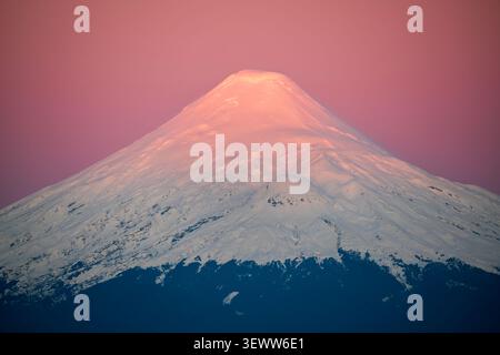 Tele-Nahaufnahme des schneebedeckten Vulkangipfels Osorno, beleuchtet von rosa alpenglow Dämmerungslicht unter dem klaren magentafarbenen Sonnenuntergang Los Lago Stockfoto