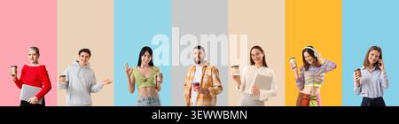 Verschiedene junge Erwachsene halten Kaffeetassen mit buntem Hintergrund Stockfoto