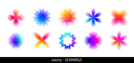 Glatte, verschwommene Verlaufsblumen Set. Kollektion mit leuchtenden, unscharfen Blütenformen. Verblasste abstrakte Blütenelemente für Poster, Vorlage, Abzeichen, Aufkleber, Collage. Vektor irisierende Abstufung florale Aura Pack Stock Vektor