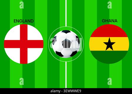 Fußballspiel England gegen Ghana mit Nationalflaggen auf dem grünen Fußballfeld, ideal für Sportaktionen und Banner am Spieltag. Stock Vektor
