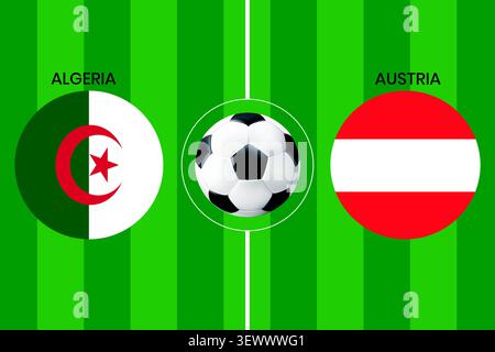Konzeptvektorgrafik des Fußballspiels Algeria vs Austria zeigt Nationalflaggen Algeriens und Österreichs in kreisförmigen Rahmen auf einem grünen Fußballfeld Stock Vektor