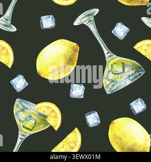 Limoncello Glas mit Eiswürfeln und nahtlosem Muster aus Zitronenscheiben. Aquarell handgezeichnet Sommer Design von gelbem Getränk, Getränk, italienischem Alkohol Stockfoto