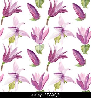 Nahtloses Aquarellmuster mit rosa Magnolienblüten, Knospen und grünen Blättern auf weißem Hintergrund. Botanische Blumenwiederholung in sanften lila Tönen für Stockfoto