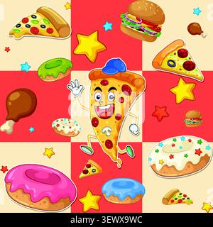 Farbenfroher, nahtloser Hintergrund mit animierten Pizzascheiben, Burgern, Donuts und Sternen vor kariertem Hintergrund. Stock Vektor