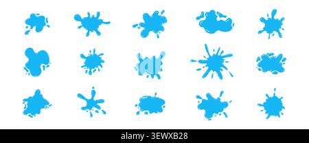 Glatte Tinte, blau, glänzender Blob-Formsatz. Spritzen Sie mit glänzenden Tropfen, rundes Wasser bildet die Silhouette flüssig. Weiches, flüssiges organisches Pfützen, Rahmen. Strom fällt ab. Tintenfarbe fällt Flüssigkeit herunter. Vektorabbildung Stock Vektor