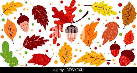 Set aus bunten HerbstEicheln und Blättern. Botanische Waldkollektion der Herbstsaison mit ClipArt-Elementen. Buntes Eichenlaub und Früchte. Vektor Stock Vektor