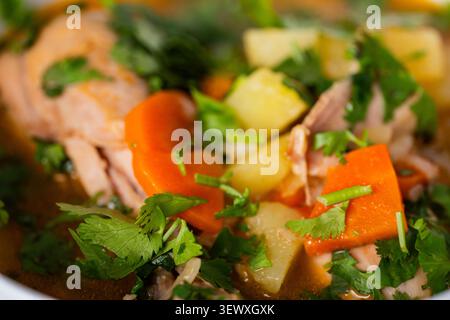 Frische hausgemachte Hühnersuppe mit Kartoffeln, Karotten und Koriander in einer weißen Schüssel serviert. Gesunde, wohltuende Mahlzeit mit einfachen Zutaten, Nahaufnahme Stockfoto