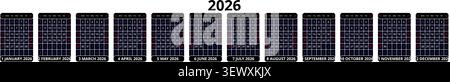 Englisch 2026 Horizontal Linear Grid Continuous Linear Year Planner Clean Minimalist Timeline Grid (kompatibel mit 2037 und 2043). Stock Vektor