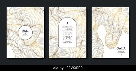 Premium-Gala mit abstrakter Linie, Hintergrund mit eleganten goldenen Linien, geometrischen Wellen, luxuriöser organischer Stil. Preisverleihung, VIP-Veranstaltungen Stock Vektor