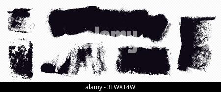 Schwarze Pinseldrucke auf transparentem Hintergrund isoliert. Vektor-realistische Illustration der abstrakten Tintenstriche von Grunge mit rauer Textur, Street Art Element, Urban Graffiti, Farbfleck Stock Vektor