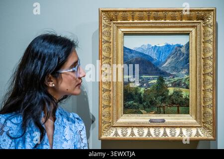 London, Großbritannien. Juni 2026. Blick auf den Dachstein vom Sophien-Doppelblick bei Ischl, 1835 - Waldmüller: Landschaften, eine neue Ausstellung in der Nationalgalerie. Es umfasst etwa 14 seiner Werke und wurde von der National Gallery, London, in Zusammenarbeit mit dem Belvedere, Wien organisiert. Sie läuft vom 2. Juli bis zum 20. September 2026. Guy Bell/Alamy Live News Stockfoto