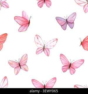 Nahtloses Muster mit fliegenden rosa Schmetterlingen. Handgemalte Illustration mit Aquarell. Isoliertes Element auf weißem Hintergrund. Für Textilien, Tapeten, Stoffe, Verpackungen, Dekoration. Stockfoto