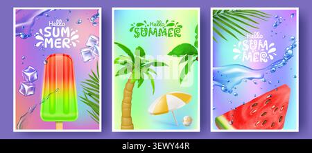 Sommerplakat mit tropischem Stranddesign, Wassermelonenscheibe, grünen Palmenblättern. Vektor-Hintergründe mit sonnigem Urlaub Vibes. Weihnachtsbanner oder Reisekarten mit Regenbogenmotiv, Wasserspritzer Stock Vektor