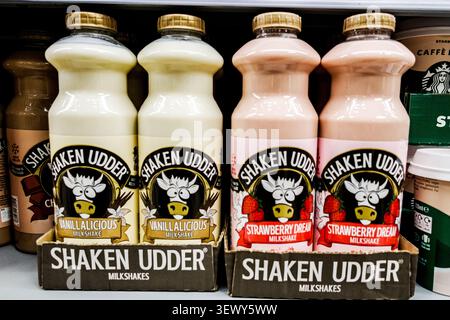 London UK, 27. Juni 2026, Supermarket Display of Shaken Euder Vanilla and Strawberry Dream Flaschen of Milkshake with No People Stockfoto