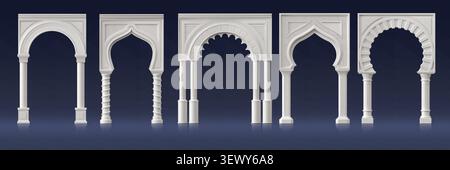 Realistischer Palast mit weißem Marmorbogen und Säulentor, 3D griechischer römischer Torbogen und Tempelbogeneingang. Alte Architektur, weiße Marmor-Steinarkade, unterstützt von Säulen, dekorative Hochzeitsbögen gesetzt Stock Vektor