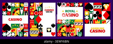 Poster mit geometrischem Mosaikmuster für Casino Poker, Würfel und Glücksspiele. Flache rote, grüne und schwarze Banner mit Spielautomaten, Spielkarten und Roulette-Rädern für Online-Wetten Stock Vektor