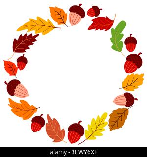 Runder Rahmen aus Herbstblättern und Eicheln. Kreisförmiger Rand für Herbstdesign. Leeres Formular für Postkarten, Einladungen, Werbung, Vektorgrafiken Stock Vektor