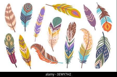 Boho- und ethnische einheimische Stammvogelfedern, Bohemian-Feder-Accessoire. Dekorative Vogelfedern in leuchtenden Pastelltönen und Erdtönen mit einheimischen amerikanischen Mustern. Fantasy-Vogelgefieder Stock Vektor