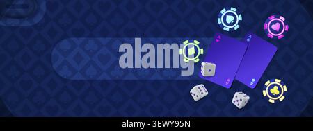 Neon-Casino-Gegenstände leuchten auf dem Hintergrund des Glücksspiels. Vektor realistische Illustration von Pokerkarten, Würfel und Chips, Online-Wetten App Design, Spielautomaten Business Banner, Glückszeichen Stock Vektor