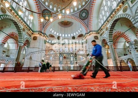 Auf dem roten Teppich, Süleymaniye Camii Moschee, Istanbul, Türkei, Türkiye, Europa Stockfoto