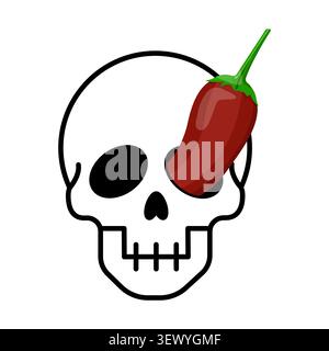 Gruselige rote Vektorgrafik des menschlichen Schädels zeigt scharfe Chili-Pfeffer. Abstrakter Knochencharakter unterstreicht das Konzept für extrem warme Speisen. eps 10 Stock Vektor