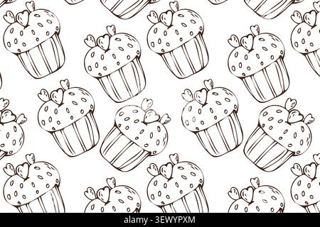Handgezeichnete Kontur Cupcake-Doodle-Textur, nahtloses Muster mit Muffin und Herzen. Süßes Dessert der Bäckerei, braunes Muster auf weißem Hintergrund. V Stock Vektor