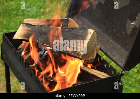 Schwarzer Brazier mit offenem Deckel und brennenden Stämmen und grünem Hintergrund Stockfoto