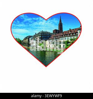 Ein herzförmiges Bild von Straßburg. Altstadt. Uferpromenade der Ill bei der überdachten Brücke Pont im Bezirk Petite France. Frankreich, Europa Stockfoto