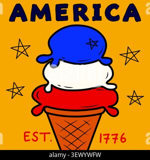 Patriotisches Eis handgezeichnete Illustration für den Unabhängigkeitstag. Amerika Text, rot weiß blau Dessert und EST 1776 Stock Vektor