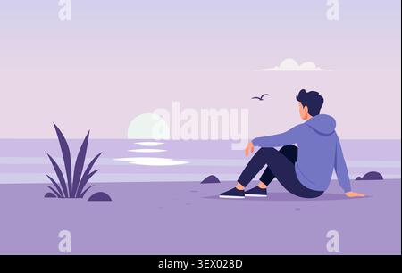 Einsamkeitsreflexion. Die Vektor-Illustration zeigt eine einsame Person, die am Ufer sitzt und den Sonnenuntergang über einem ruhigen Meer beobachtet Stock Vektor
