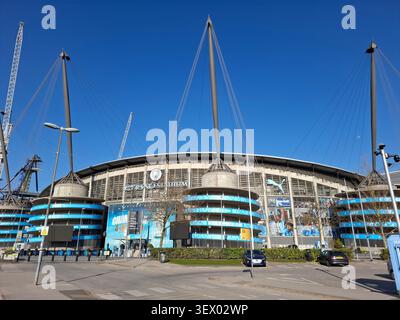 Manchester, Großbritannien. Weitsicht auf die Infrastruktur des Etihad Stadions an dem Tag, an dem Enzo Maresca zum Nachfolger des Managers PEP Guardiola ernannt wird. Stockfoto