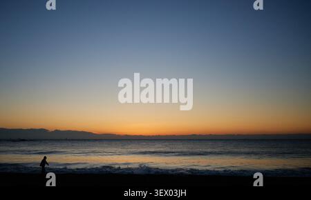Ruhiger Sonnenaufgang an der Küste mit Kiefernbaumsilhouetten und einer einsamen Person, die am Strand vor einem lebhaften, farbenfrohen Morgenhimmel über dem Meer spaziert Stockfoto