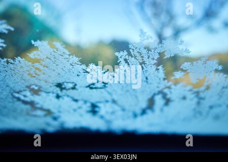 Nahaufnahme empfindlicher Eiskristalle auf einem Glasfenster mit verschwommenem Hintergrund im Freien, die das eiskalte Winterwetter und kalte Temperaturen erfassen Stockfoto