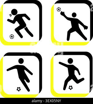 Fußballspielersymbole zeigen Laufen Dribbeln Treten und Sparen Stock Vektor