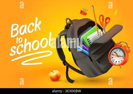 Hinterschulrealistischer Hintergrund. 3D Rucksack Ausbildung Studie liefert Text Banner Design, Kinder elementare Klasse Wecker Papier Notizbuch Bleistift grell Vektor Illustration Original Kunstwerk Stock Vektor