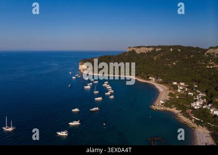 Blick aus der Vogelperspektive auf Luxusyachten vor Anker in Bay mit Green Hills. Mediterranean Sea Resort, Coastal Real Estate, Sommerurlaub, Nautisches Reisekonzept. Malerischer Hafen bei Sonnenuntergang. Segeln, Freizeit Stockfoto
