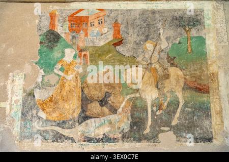 St. Georgs-Fresko Fresko St. Georgs Kampf mit dem Drachen im Innenraum der Schäßburger Bergkirche in Sighisoara oder Schäßburg, Siebenbürgen, Rumänien Stockfoto