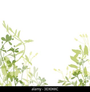 Grüne Silhouette von Gras und wilden Blumen Rand auf weißem Hintergrund Stockfoto