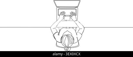 Von oben nach unten durchgehende Linienzeichnung einer Frau, die an einem Laptop-Computer an einem Schreibtisch arbeitet, minimalistische Liniengrafik-Vektor-Illustration Stock Vektor
