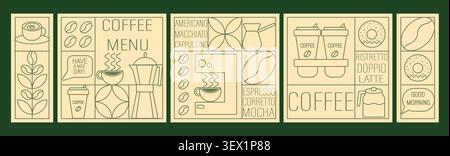 Kaffee-Themen-Geometrische Banner. Handgezeichnete Illustration von Kaffee. Abstrakter Druckhintergrund mit einfachen Formen für Café, Lebensmittelverpackung, Café-Wand, Menü. Kaffee-Symbole, Liniendesign. Stock Vektor