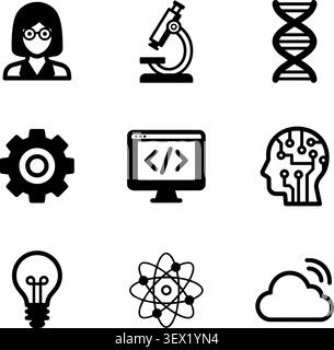 Frauen in STEM- und künstlichen Intelligenz-Wissenschaftslinien-Vektorsymbolen Stock Vektor
