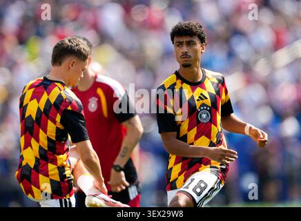 Boston, Vereinigte Staaten. Juni 2026. Nathaniel Brown (Deutschland, #18) waermt sich vor dem Spiel auf. USA, FIFA Weltmeisterschaft, Sechzehntelfinale, Deutschland gegen Paraguay, Boston, 29.06.2026 Foto: Eibner-Pressefoto/Scott Coleman Credit: dpa/Alamy Live News Stockfoto